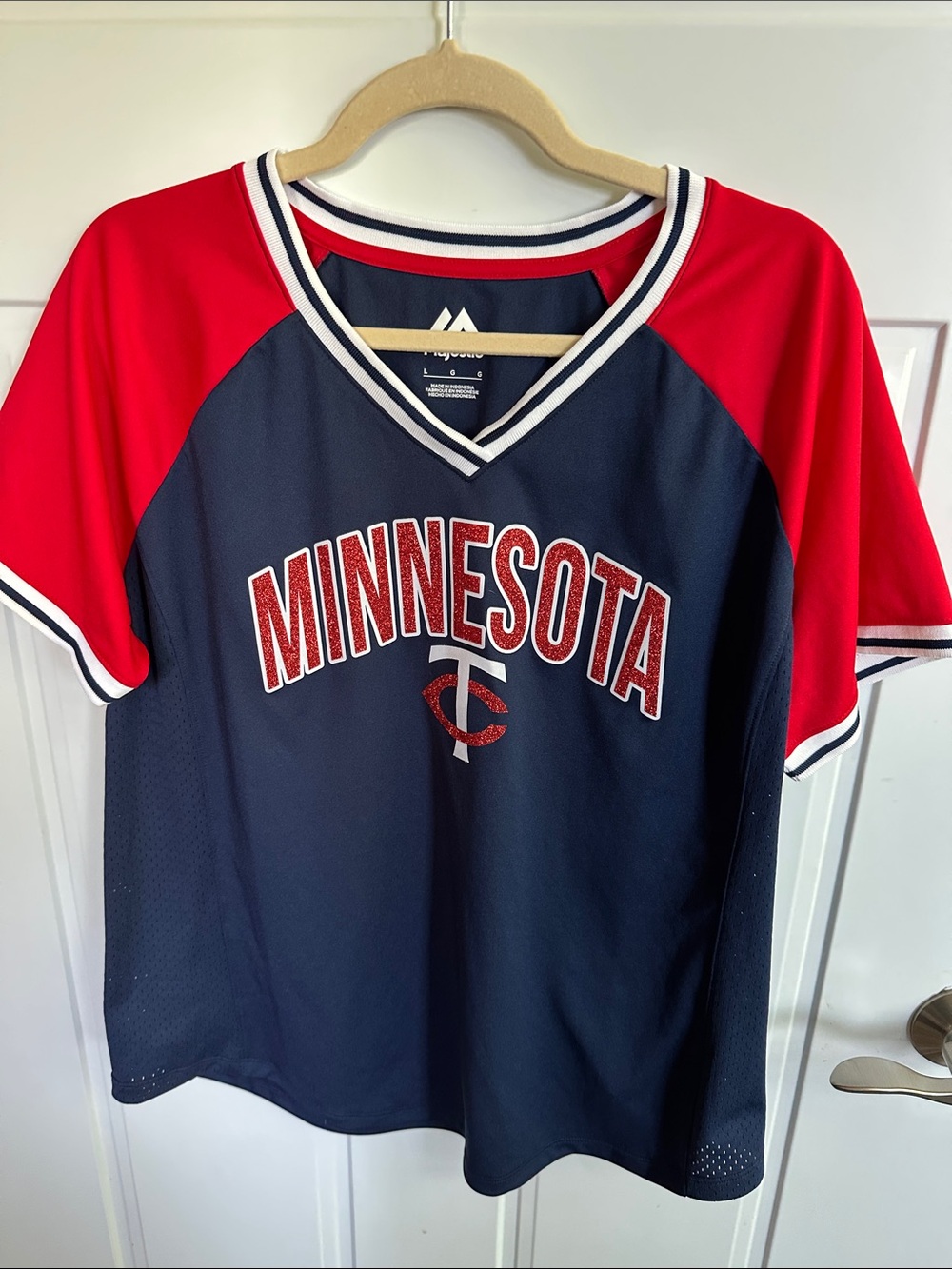 Women’s Majestic Navy and Red Minnesota Twins Baseball Jersey Sparkles ✨